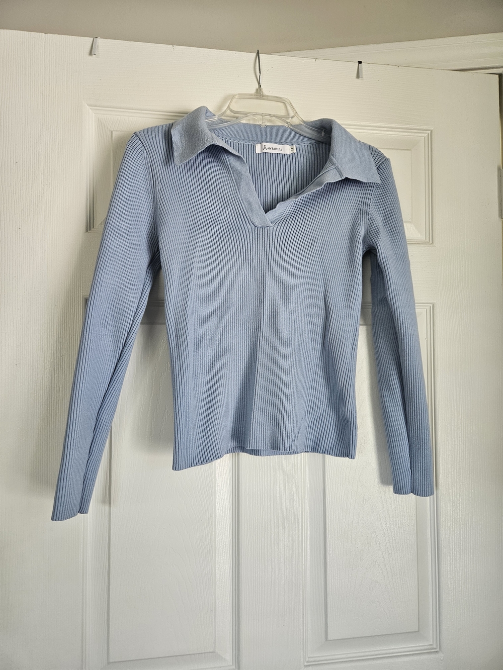 Aritzia Light Blue Ribbed Collared V-Neck Long Sleeve Top